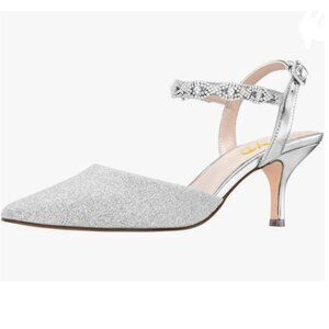 XYD Silver Glitter Slingback Pump Pointed Toe Rhinestone Ankle Strap Buckle Shoe